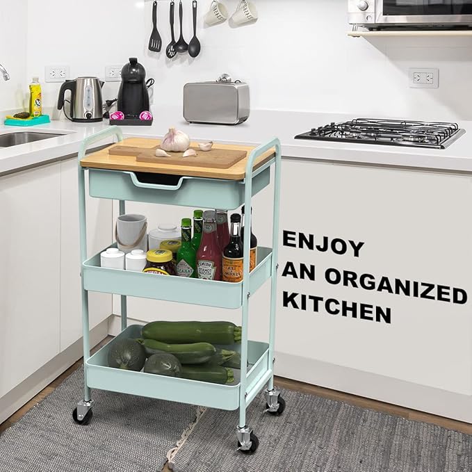 Aratan 3 Tier Rolling Cart, Utility Cart with Drawer and Table Top, Metal Rolling Kitchen Storage Organizer Cart with Handle and Locking Wheels for Bathroom Office Balcony Living Room