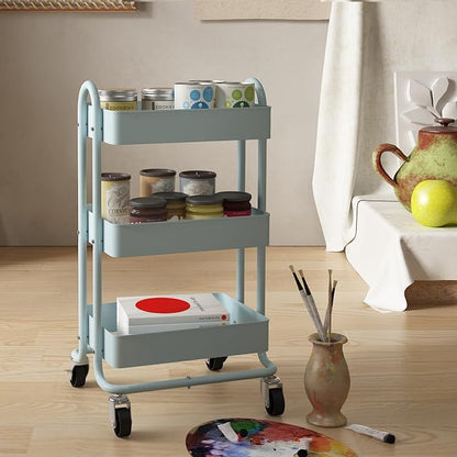 Metal Rolling Cart,3-Tier Metal Rolling Cart with Wheels,3 Tier Utility Cart with Wheels for Office,Home,Kitchen,Garden（13.4"x18.1"x31"） Blue