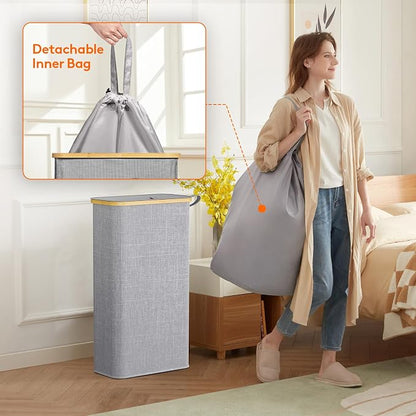 Lifewit 65L Slim Laundry Hamper with Lid, Narrow Laundry Basket with Removable Bag & Bamboo Handles, Fodable Thin Dirty Clothes Hamper for Laundry Collapsible Bin for Bathroom Bedroom Dorm, Gray