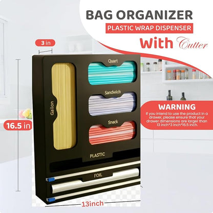 Storage Bag organizer, 6 in 1 Foil and Plastic Wrap Dispenser with Cutter, Bamboo Kitchen Drawer Organizer Food Bag Organizer for Gallon, Quart, Sandwich, Snack Bags (Black)