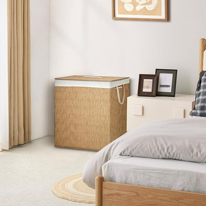 Laundry Hamper with Lid, 39.6 Gallon(150L) Large Laundry Basket 2 Removable Liner Bags, Synthetic Rattan Clothes Hamper with Side Pocket, laundry organization for bathroom, laundry room, Natural
