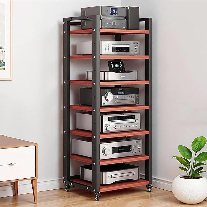 7 Tier AV Media Stand, 55in Audio Rack Tower Stereo Components Cabinet, Home Theatre CD Record Player Stereo Receiver Equipment Rack with Adjustable Wood Shelves, Load 400lbs (Teak Brown)