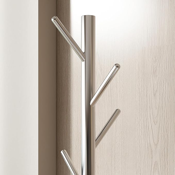 Silver Coat Tree Freestanding, Metal Standing Coat Rack, Stainless Steel Coat Rack Freestanding Modern Coat Stand for Entryway, Hallway, Bedroom (Silver)