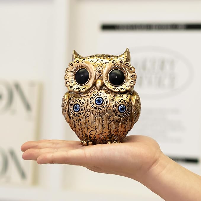 TOHLUCS Owl Statue Home Decor Accents with Evil Eye.Gold Decor for Bookshelf, Bedroom, Living Room, Office, Table and Shelf.Vintage Owl Figurines Gifts for Birds Lover.Cute Small Animal Sculptures.