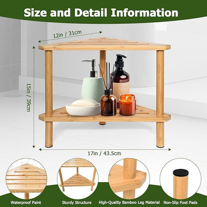 Yoshiky Shower Foot Rest 15in, Shower Stool for Shaving Legs, Waterproof Wood Corner Shower Stool with Storage Shelf for Inside Small Shower Spaces, Bamboo