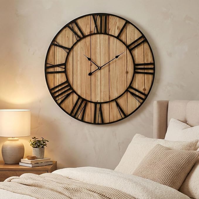 EMAX HOME Large Farmhouse Wall Clock 30 Inch Vintage Brown Wooden Wall Clock with Quiet Ticking and Minimalist Roman Numerals for Bedroom Living Room Office Kitchen Home Decor, Battery Operated