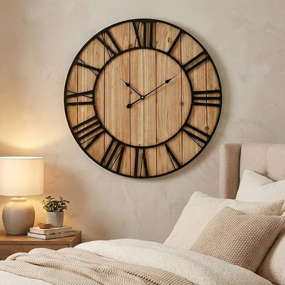 EMAX HOME Large Farmhouse Wall Clock 30 Inch Vintage Brown Wooden Wall Clock with Quiet Ticking and Minimalist Roman Numerals for Bedroom Living Room Office Kitchen Home Decor, Battery Operated