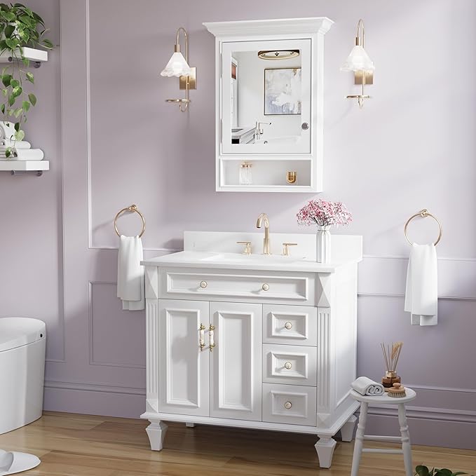 WELLFOR 24"x 32" Wall Mounted Wood Medicine Cabinet with Mirrors for Bathroom, 3-Tier Shelves and External Storage, Solid Wood Medicine Cabinet with Mirror, Anti-Fog Glass Mirror Cabinet