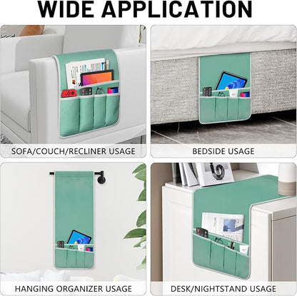 Remote Control Holder for Armchair Caddy, Couch TV Remote Holder for Bed Storage 5 Pockets，Remote Caddy Bedside Organizer Bedside Table Organizer (MintGreen, 35"x12.4")