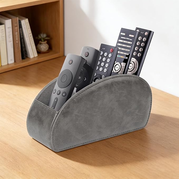 TV Remote Control Holder with 5 Compartments,Pu Leather Remote Caddy/Tray Bedside Table Desk Storage Organizer for DVD, Blu-Ray, Media Player, Heater Controllers andMakeup storage box (Grey)