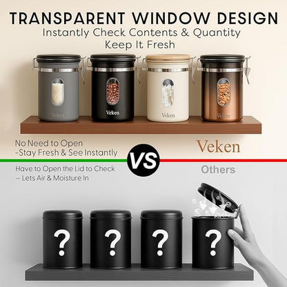 Veken Coffee Canister with Window,Airtight Stainless Steel Kitchen Food Storage Container, Date Tracker & Scoop for Grounds Coffee, Beans, Tea, Flour, Cereal,Sugar,22OZ,Grey (Pack of 2)