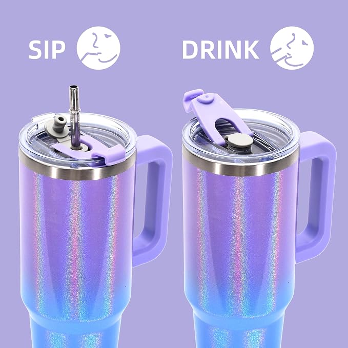 40 oz Shiny Tumbler with Handle and Straw,Stainless Steel Tumbler with Lid and Straw,Insulated Travel Mug(Cold for 34 Hours),Water Bottle for Iced Tea,Coffee (Purple)