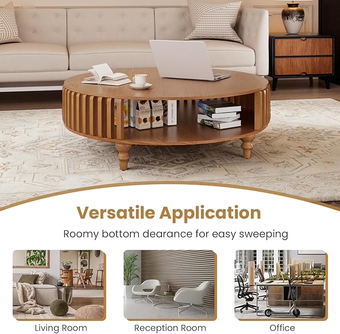 2-Tier Round Coffee Table 39.4" Round Coffee Table with Storage Mid-Century Modern Circle Accent Center Table Farmhouse Low Cocktail Tea Furniture for Living Room Small Spaces (39.4" Round)