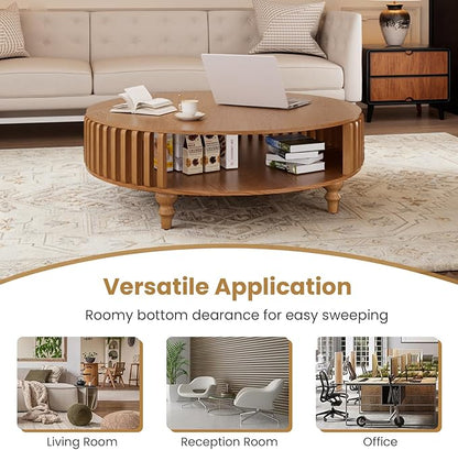2-Tier Round Coffee Table 39.4" Round Coffee Table with Storage Mid-Century Modern Circle Accent Center Table Farmhouse Low Cocktail Tea Furniture for Living Room Small Spaces (39.4" Round)