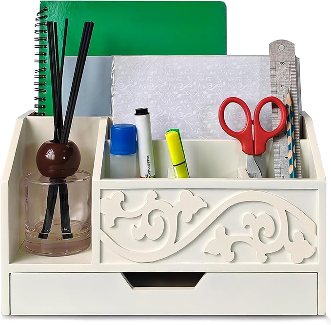 White Wooden Mail Organizer with Drawer, Three Tiered Desk Accessories for Office Organization and Storage, Stylish Countertop Document Storage, Home/Office/Classroom Supplies (White02)