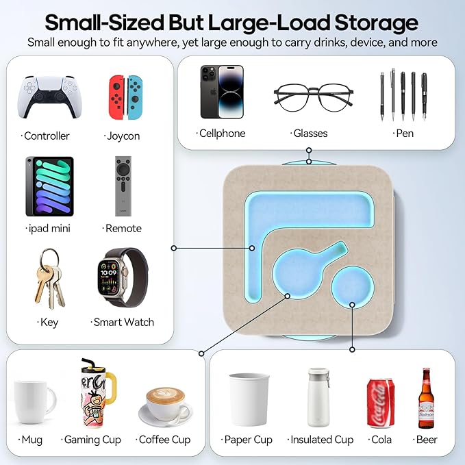 Couch Cup Holder Pillow, Sofa and Bed Organizer Caddy for iPad, Kindle, Switch, Game Controller, Remotes, Phones, Small-Sized Cup & Drink Holder for Couch, Bed, Desk, Car, Beach, Desk, Khaki