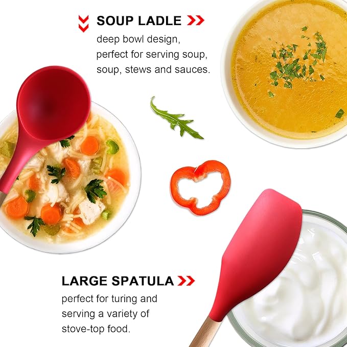 IOCBYHZ Silicone Cooking Utensils Set 5Pcs Non-Stick Silicone Kitchen Utensils for Cooking, Heat Resistant Kitchen Gadgets Spatula Spoon Turner Set with Wooden Handles for Non-Stick Cookware BPA Free