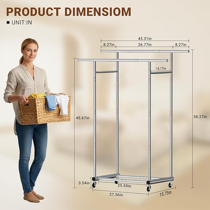 TigerParty Double Rods Clothes Rack for Hanging Clothes, Heavy Duty Sturdy Stainless Steel Clothing Rack, Rolling Garment Rack with Wheels for Bedroom Laundry Living Room