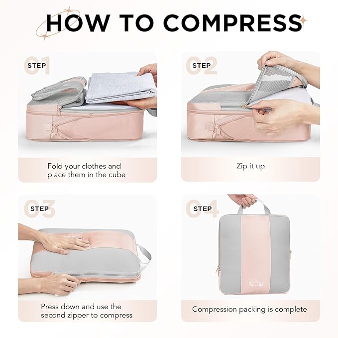 OlarHike 8 Set Compression Packing Cubes for Travel Gifts Mom Women,Airplane/Cruise/Car Travel Essentials,Compressible Expandable Saver Space Bags,Luggage Clothes Garment Bags for Travelers(Beige)