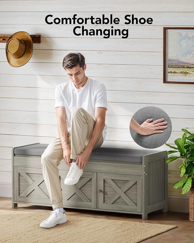 Pipishell Shoe Storage Bench, 2-Tier Shoe Bench with Cushioned Seat, Entryway Bench with Adjustable Shelf & Barn Doors, 300 lbs Capacity, 39.4" x 15" x 18", for Entryway, Bedroom, Living Room, Gray
