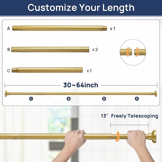 ENJOYBASICS Shower Curtain Rod 30 to 64 Inches, Stainless Steel Adjustable Spring Tension Rods No Drill for Bathroom, Closet, Window, Room Divider, Never Rust, Non Slip, Gold