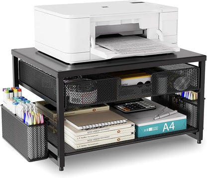 Metal Desktop Printer Stand with Storage Drawer & 2 Pen Holders,2 Tier Home Printer Riser Shelf for Desk with Paper Holder Storage,Multi-Purpose Office Desk Organizer