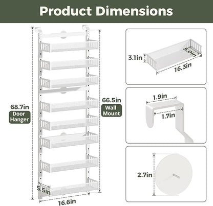 POKIPO 8-Tier Over the Door Pantry Organizer, 2 IN 1 Wall Mount or Hanging Spice Rack with Adjustable Raised Basket, Heavy Duty Back of Door Storage for Kitchen Bathroom Laundry Room