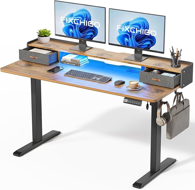 Electric Standing Desk with Drawers, 55 Inch Height Adjustable Desk with Power Outlets & LED Lights, Sit Stand Table with Monitor Stand for Home, Office, Rustic Brown