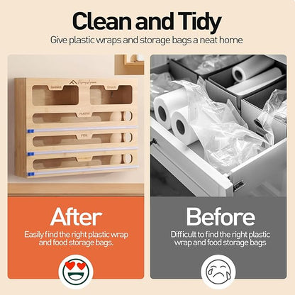APSARAS USA 5 in 1 Bamboo Foil and Plastic Wrap Organizer for Kitchen Drawer, Ziplock Bag Organizer, Saran Wrap Dispenser with Cutter, Plastic Bag Organizer, Food Storage Bag Organization
