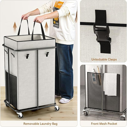 150L Large Laundry Basket with Wheels, Rolling Laundry Hamper with Removable Laundry Bag & Metal Frame, Oxford Fabric Dirty Clothes Hampers for Bedroom, Laundry Room, Bathroom, Dorm(White)