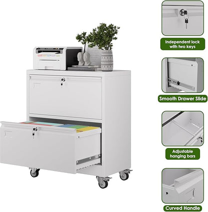 Aobabo 2 Drawer Lateral File Cabinet with Wheels, Lockable Metal Filing Cabinet for Home Office, Legal/Letter Size,White,Required Assembled,15.87" D x 28.94" W x 34" H