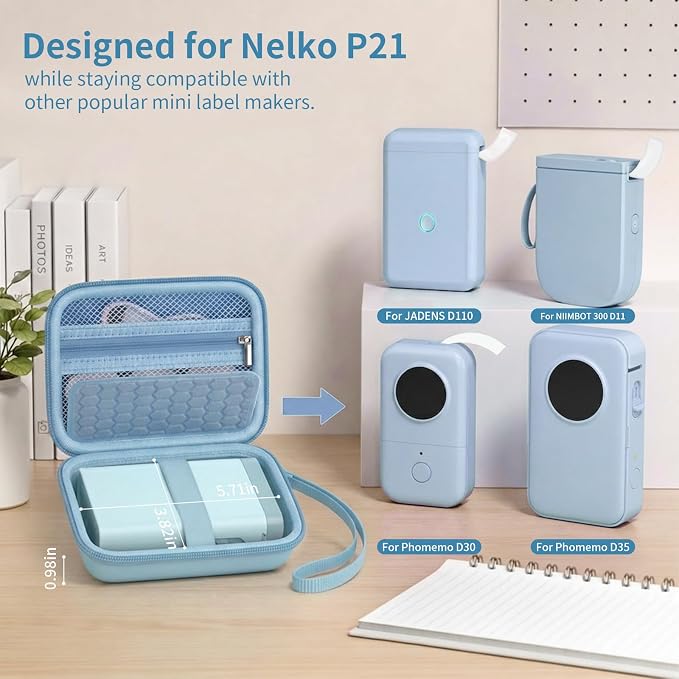 Comecase Case Compatible with Nelko P21/ for Phomemo D30 D35 Label Maker Machine, for JADENS D11/ for SUPVAN Mini Labeler Sticker, Labler Maker Storage for Tape&Accessories (Sky Blue)
