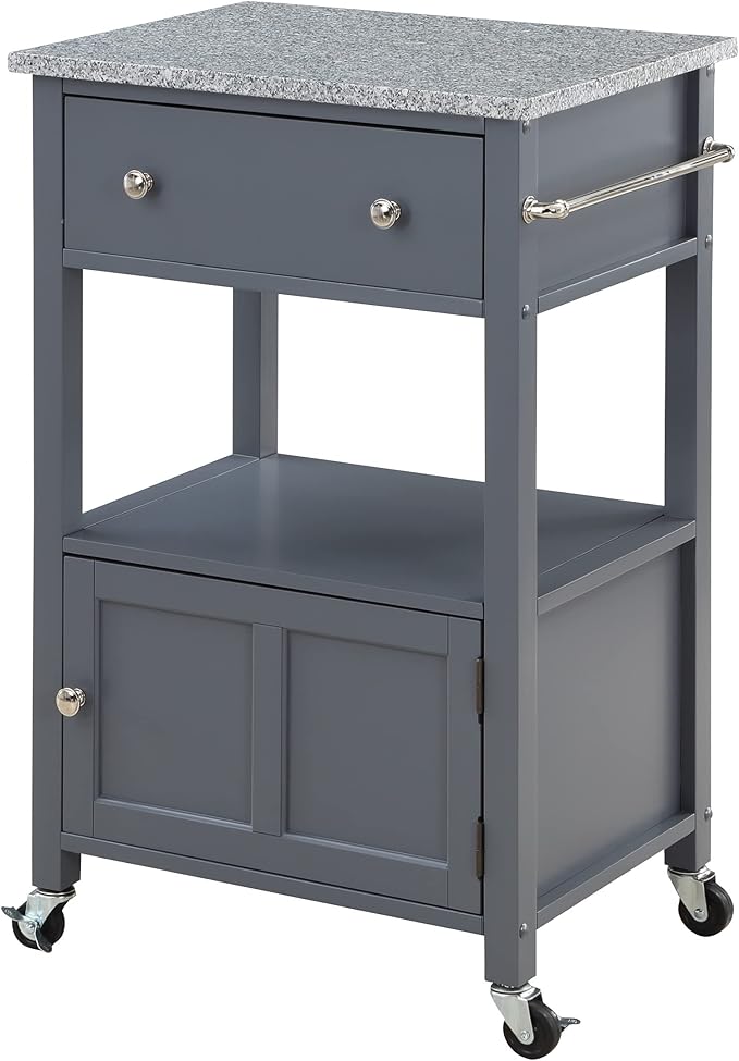 OSP Home Furnishings Fairfax Farmhouse Kitchen Cart with Granite Top, Rolling Storage Cabinet with Towel Rack, Shelf and Drawer, Grey Finish