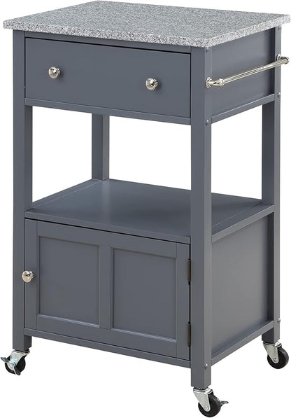 OSP Home Furnishings Fairfax Farmhouse Kitchen Cart with Granite Top, Rolling Storage Cabinet with Towel Rack, Shelf and Drawer, Grey Finish
