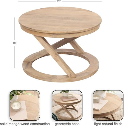 Kate and Laurel Aja Bohemian Round Mango Wood Coffee Table, 26 inch Diameter, Light Natural, Decorative Geometric Modern Coffee Table for Hosting, Storage, and Living Room Decor
