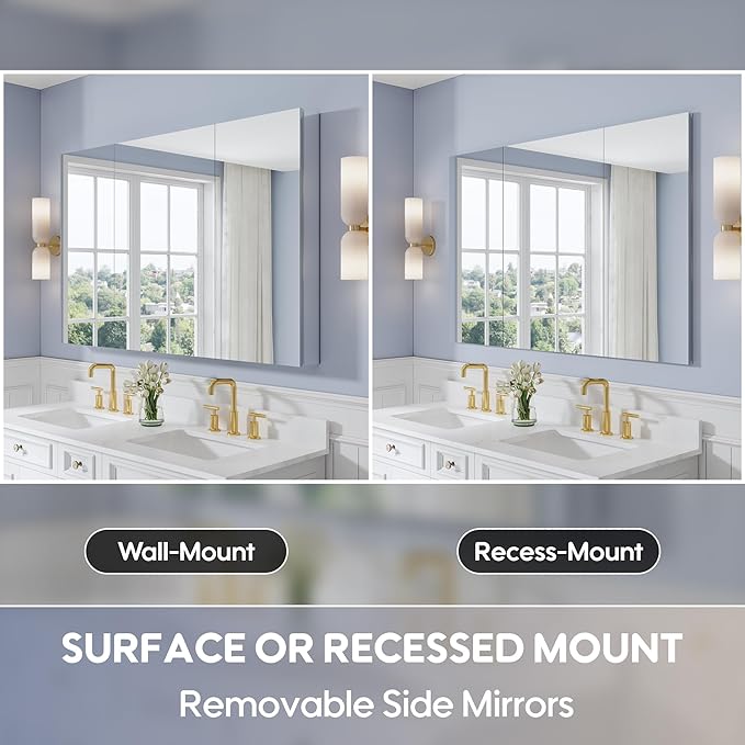 WELLFOR 56" x 36" Bathroom Medicine Cabinet with Mirror, Anodized Chrome Aluminum Frame, Surface Mount or Recessed Medicine Cabinet with Mirror, Bathroom Mirror with Storage, Three Doors