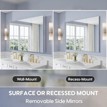 WELLFOR 56" x 36" Bathroom Medicine Cabinet with Mirror, Anodized Chrome Aluminum Frame, Surface Mount or Recessed Medicine Cabinet with Mirror, Bathroom Mirror with Storage, Three Doors