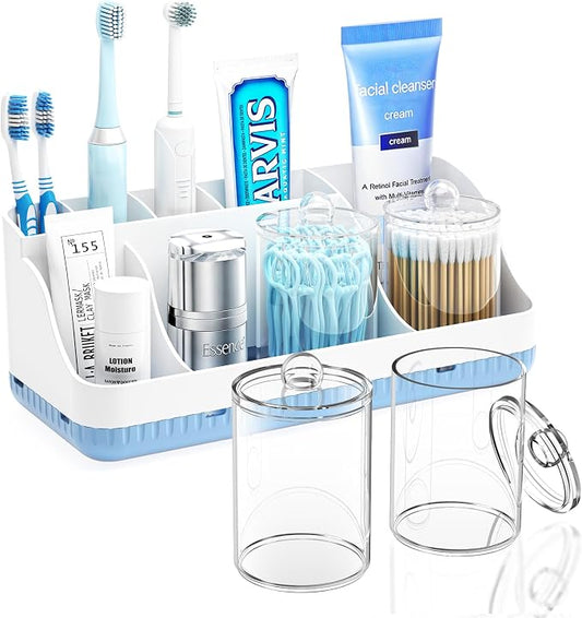 Bathroom Counter Organizer and Storage with 2 Pack Qtip Holder Dispenser, 7 Slots Detachable Toothbrush Holders for Bathrooms, Anti-Slip Electric Toothbrush and Toothpaste Holder Countertop