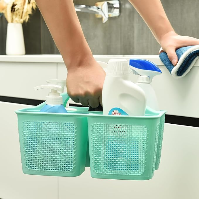 Plastic Cyan Shower Caddy Basket, Divided Cleaning Portable Shower Basket with Handle Compartments Storage Organizer for Bathroom, College, Kitchen, Dorm Room Essentials