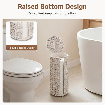 StorageWorks Free Standing Wicker Toilet Paper Holder Stand for Bathroom Storage, Decorative Water Hyacinth Toilet Paper Storage with Lid, 3 Rolls of Tissue Holder with a Built-in Cloth Lining, White