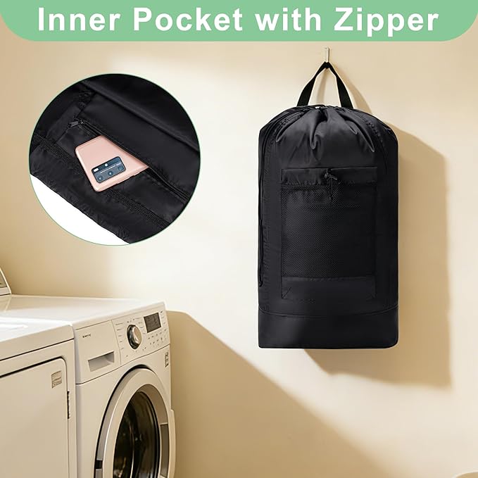 Aegero Backpack Laundry Bag,Large Travel Laundry Bags with Shoulder Straps and Mesh Pockets,Laundry Backpack with Drawstring Closure for College,Trave,Dorm, Apartment,Laundromat (Black)