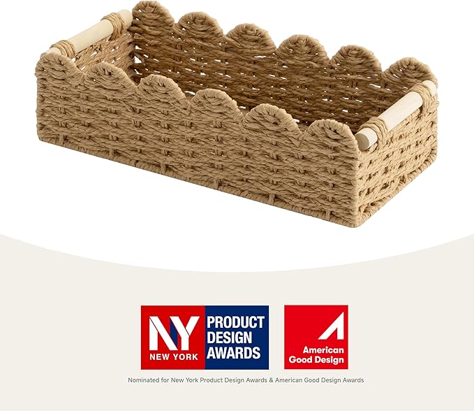 StorageWorks Toilet Paper Storage Basket, Living Room Organizers and Storage, Toilet Paper Basket with Wooden Handles, Small Paper Rope Scalloped Basket, Brown