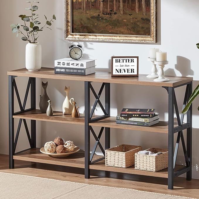 IBF Rustic Console Table, Industrial Wood and Metal Sofa Table, Hallway Entry Table for Home Living Room, Barnwood Foyer Accent Entryway Table with Retro Vintage Storage Shelf, Rustic Oak, 55 Inch