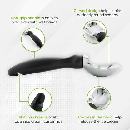 Spring Chef Ice Cream Scoop with Soft Grip Handle, Professional Heavy Duty Sturdy Scooper, Premium Kitchen Tool for Cookie Dough, Gelato, Sorbet, Black, 2 Pack
