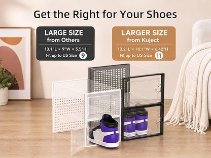 Kuject X-Large Shoe Storage Boxes Organizers Clear Plastic Stackable 12 Pack, Shoe Rack & Holder Substitute, Sneaker Containers, Toy Storage Organizer Bins for Entryway, Closet, Under Bed, Black
