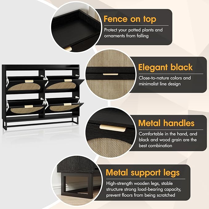 Maupvit Large Rattan Shoe Storage Cabinet with 4 Flip Drawers, Freestanding Shoe Organizer with Metal Legs for Entryway, Hidden Golden Handles, Narrow Shoe Rack Cabinet, Black