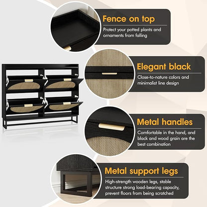 Maupvit Large Rattan Shoe Storage Cabinet with 4 Flip Drawers, Freestanding Shoe Organizer with Metal Legs for Entryway, Hidden Golden Handles, Narrow Shoe Rack Cabinet, Black