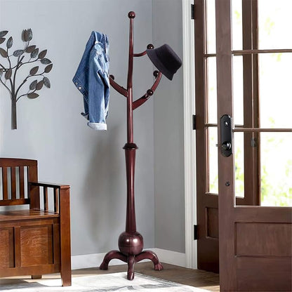 Bekrvio Freestanding Wood Coat Rack with Stable Sphere Base, Wine Red | 8 Hooks Tree Branch Design, Heavy Duty Standing Coat Hanger for Entryway, Hallway, Bedroom, Foyer; Hangs Coats, Hats, Bags