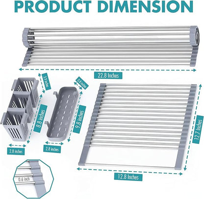 HAVENITY™ Expandable Roll Up Dish Drying Rack - Adjustable Up to 22.75" with 2 FREE Attachments & 2 Removable Baskets, 304 Stainless Steel Over The Sink dish Drying Rack Cover Kitchen Sink Accessories