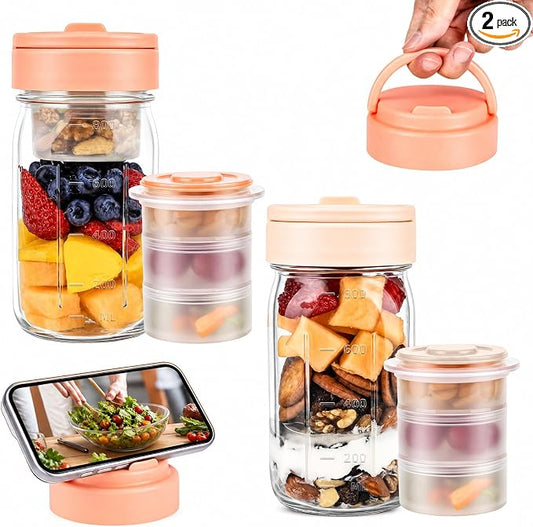 TQRR 32 OZ 4 Pack Overnight Oats Containers with Lids, Glass Storage Jar with Dry and Wet Separation, Leakproof Wide Mouth Mason Jars, Glass Jars with a Handle for Salads,Yogurt (2, Beige & Pink)